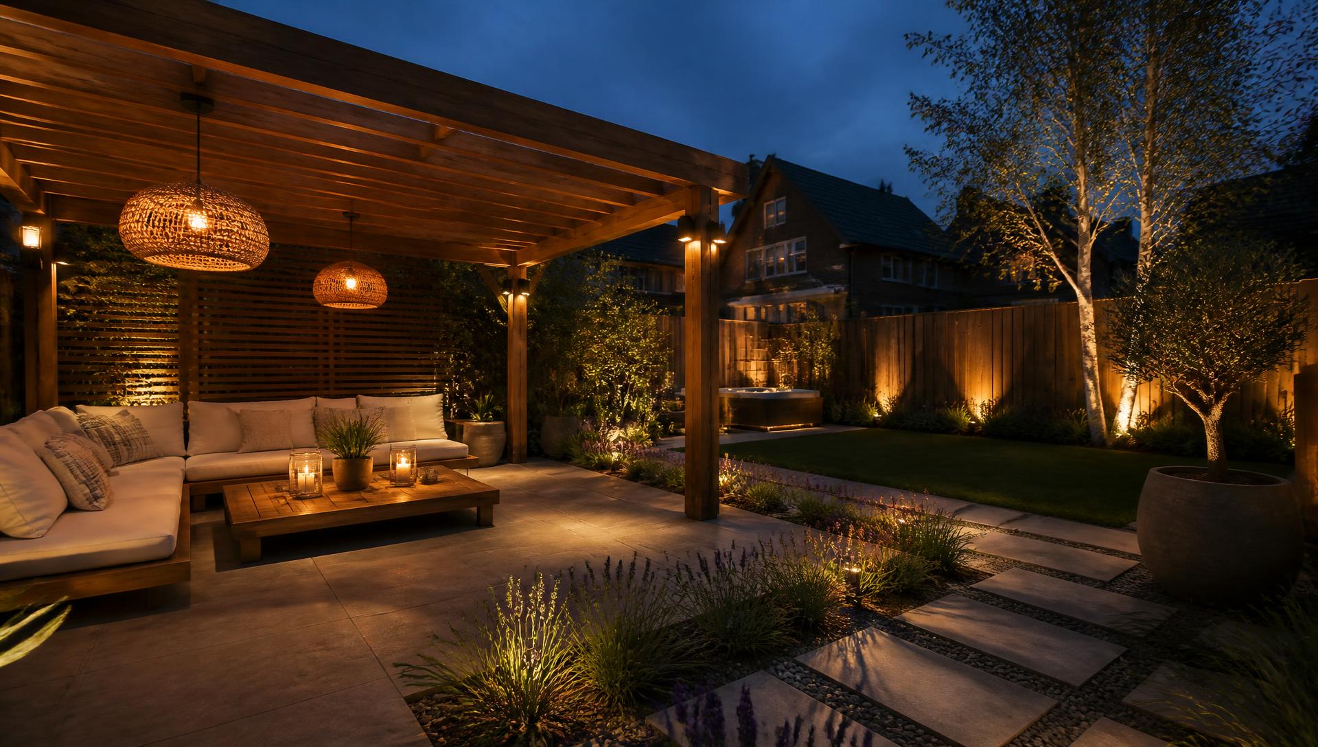 Sfeervolle tuin met houten overkapping en warme verlichting